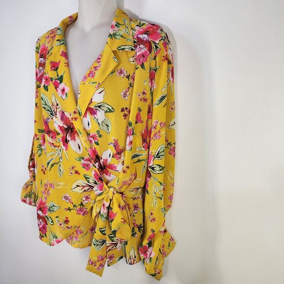 Kut From The Kloth Womens Blouse Large Floral Felicity Wrap Top Tie Waist Yellow - Picture 3 of 10